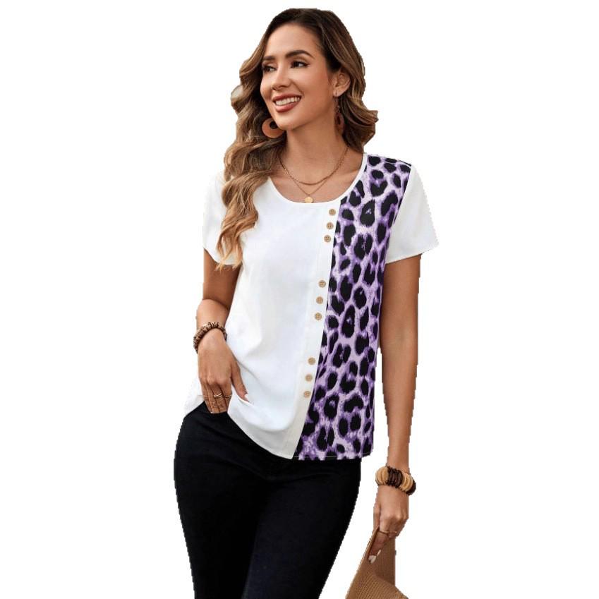 Leopard Print Round Neck Top: Elegant Short Sleeve T-shirt for Women, Casual Spring and Autumn Style 2025