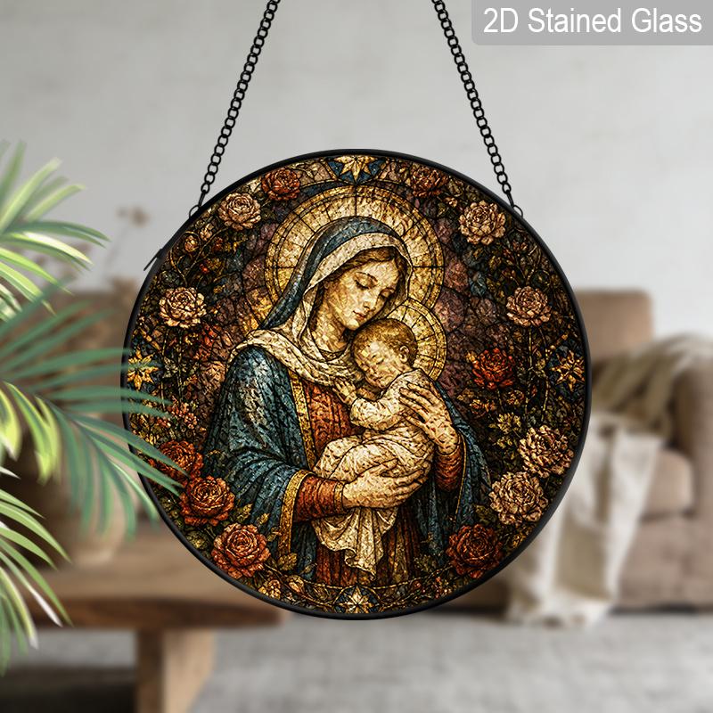 1pc 2D Flat Religious Stained Glass Suncatcher, 6.3/7.87 Inch Religious Christmas Window Suncatcher, Virgin Mary and Jesus Stained Glass Ornament