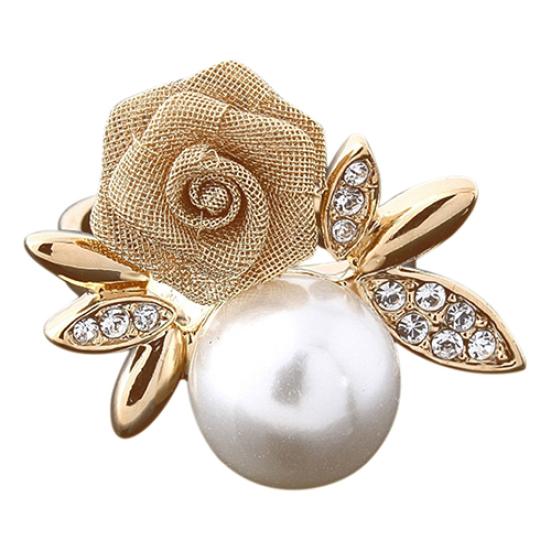 Women's Fashion Rose Faux Pearl Clear Crystal 9K Gold Plated Ring Party Jewelry