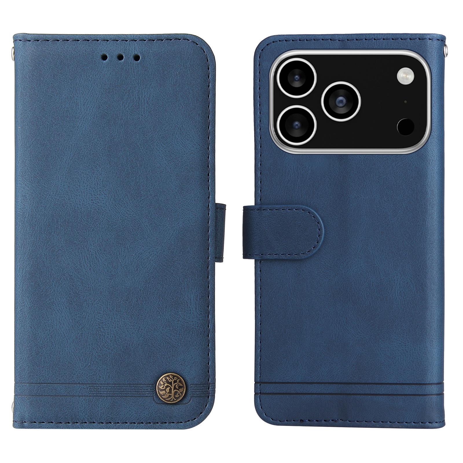 

For iPhone 17 Pro Leather Wallet Cases Skin Touch Phone Cover Stand with Strap Blue