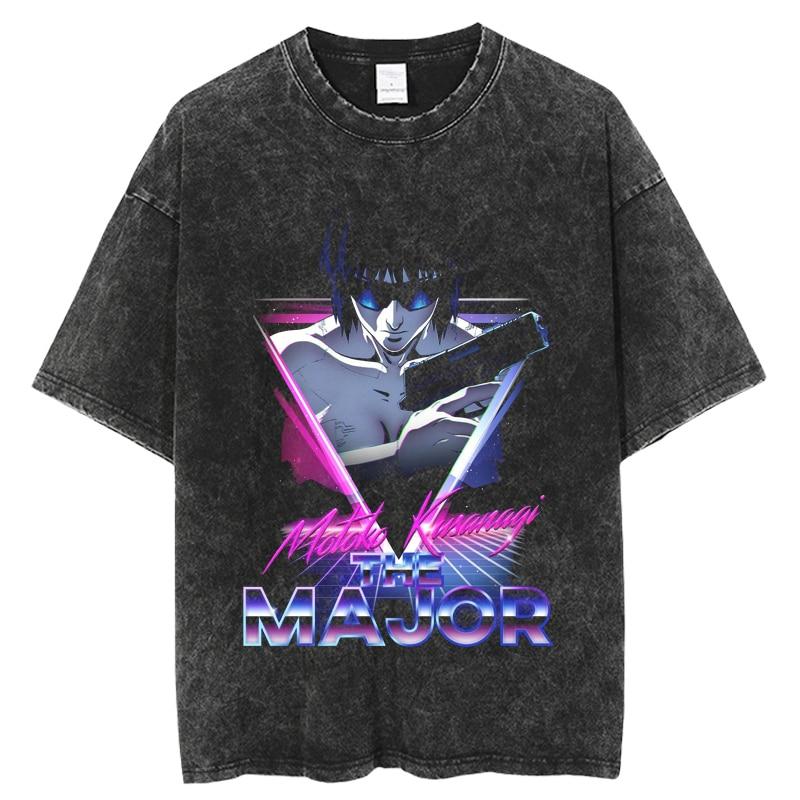 Modisches Ghost in the Shell Anime-T-Shirt mit verwaschenem O-Ausschnitt und kurzen Ärmeln für Damen, Schwarz, übergroß, lässig, Hip-Hop-Top