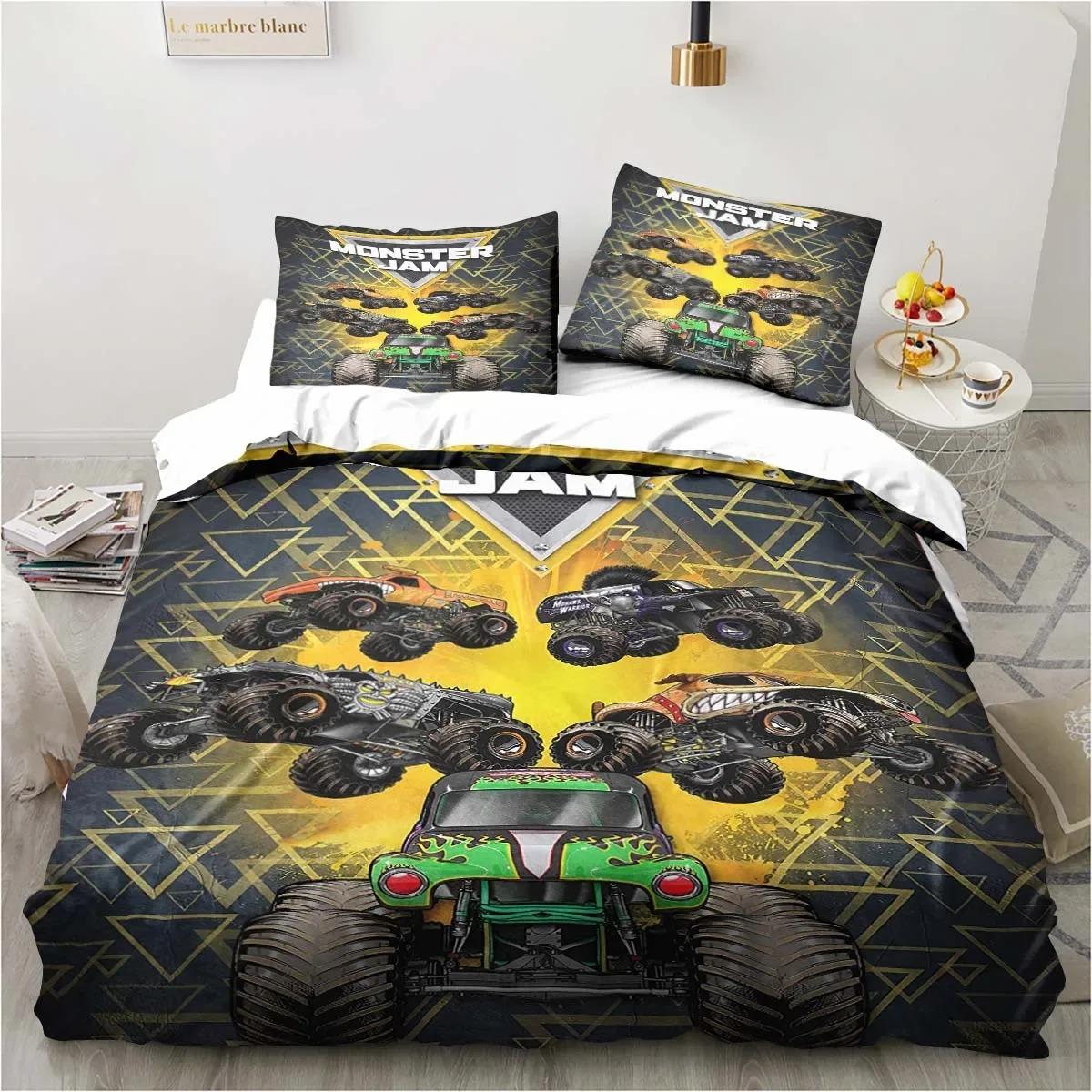 

Cartoon Monster Trucks Duvet Cover Pillowcase Cars Bedding Set Boys Girls Bedroom Decoration Kids Gift Single Double King Size EU single(135x200cm)