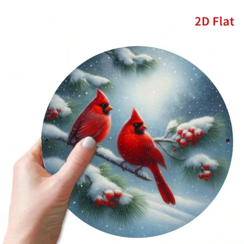 Winter Snow Red Cardinal Double Habitat Iron Wall Art Round 7.8 Inch Metal Sign Home Decor Coffee Shop Restaurant Gift Christmas Holiday Decoration