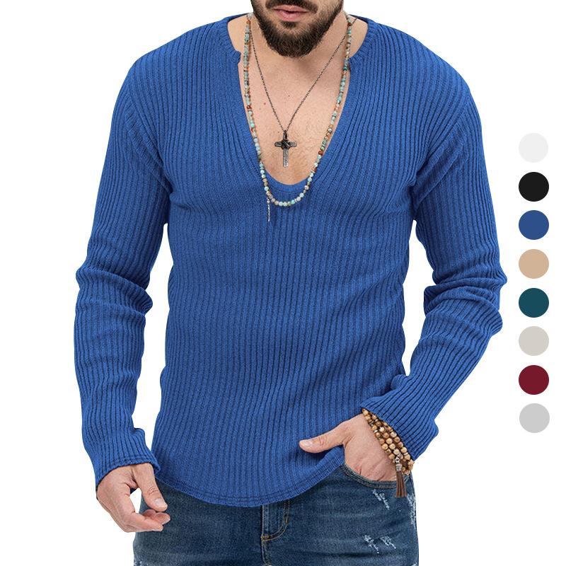 Men's Trend Spring and Autumn Deep V-neck Men's New Solid Color Knit Pullover