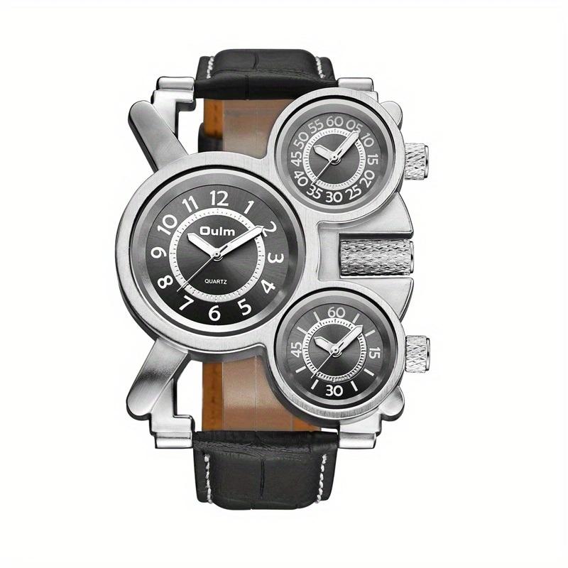 OULM Fashion Brand Men s Watch Waterproof Luminous Quartz Watch Multi-Zone Alloy Case Large Dial Leather Strap чёрный