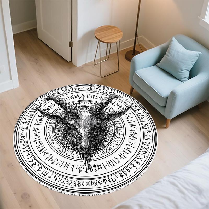 Tappeto Rotondo con Testa di Ariete Runica, Tappeto per Soggiorno Camera da Letto Divano Sala Giochi Decorazione, Tappetino Antiscivolo