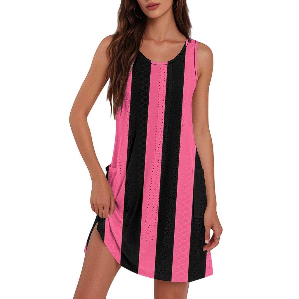 Women's Fashion Casual V-Neck Sleeveless Striped Print Dress