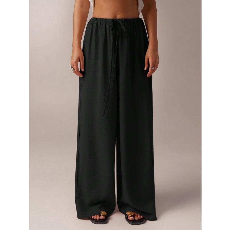 Women Casual Loose Solid Color Low Waist Wide Leg Straight Floor Length Long Pants