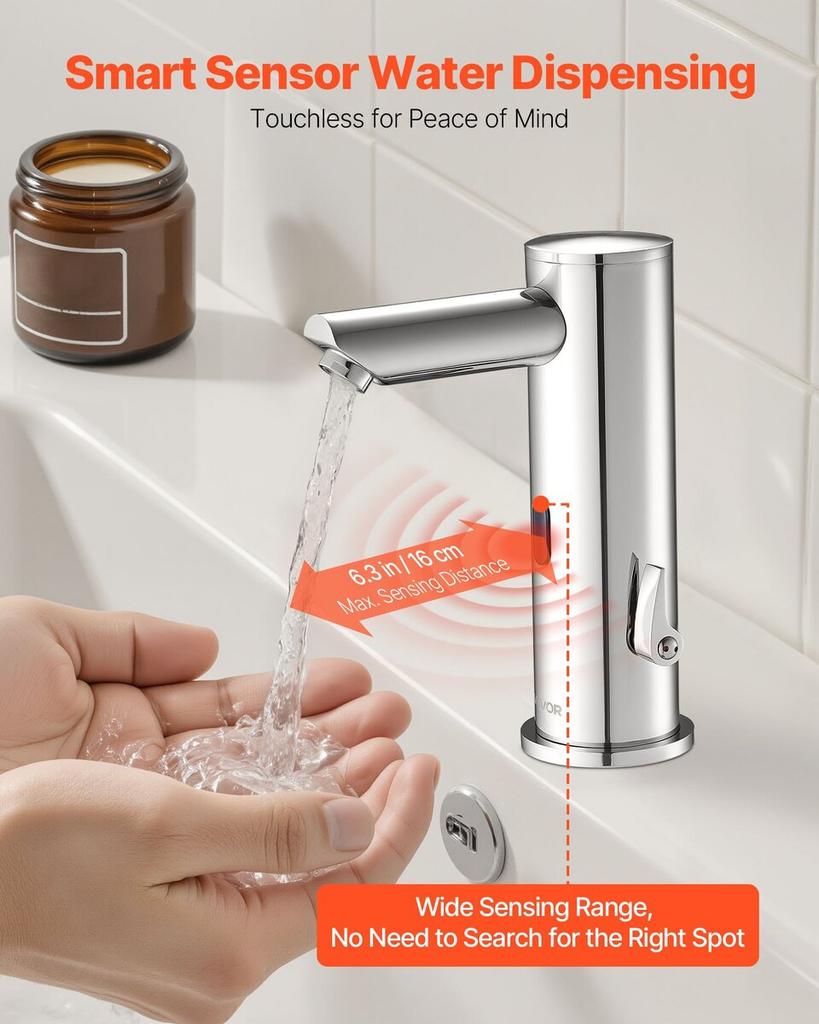 Touchless Bathroom Sink Faucet, Automatic Motion Sensor Restroom Toilet Faucet, Hands Free Adjustable Cold Hot Single Handle Water Mixer Battery
