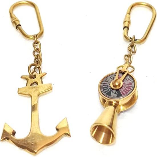 2 Goldene Maritime Massiv Messing Schlüsselanhänger Schiffsmotor Telegraph & Anker Schlüsselanhänger