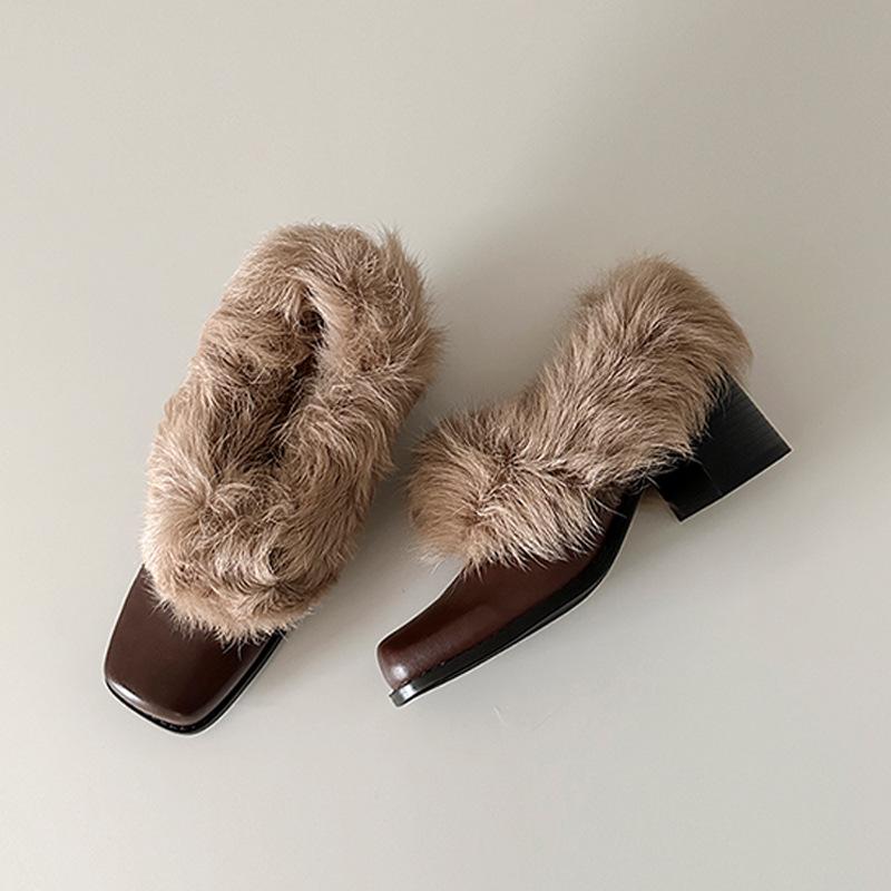 Leather Square-headed Fluffy Shoes with One Pedal, Retro Velvet To Keep Warm, Mary Jane Small Leather Shoes, New Cotton Shoes, Thick Heels, Single S