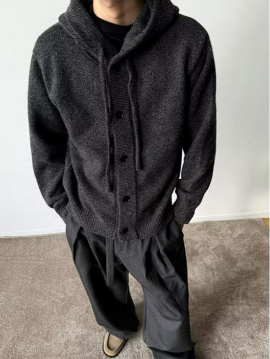 Men's Arctic Fleece Hooded Knit Cardigan, Korean Style Loose Sweater Coat, Thick Autumn Winter Casual Hoodie