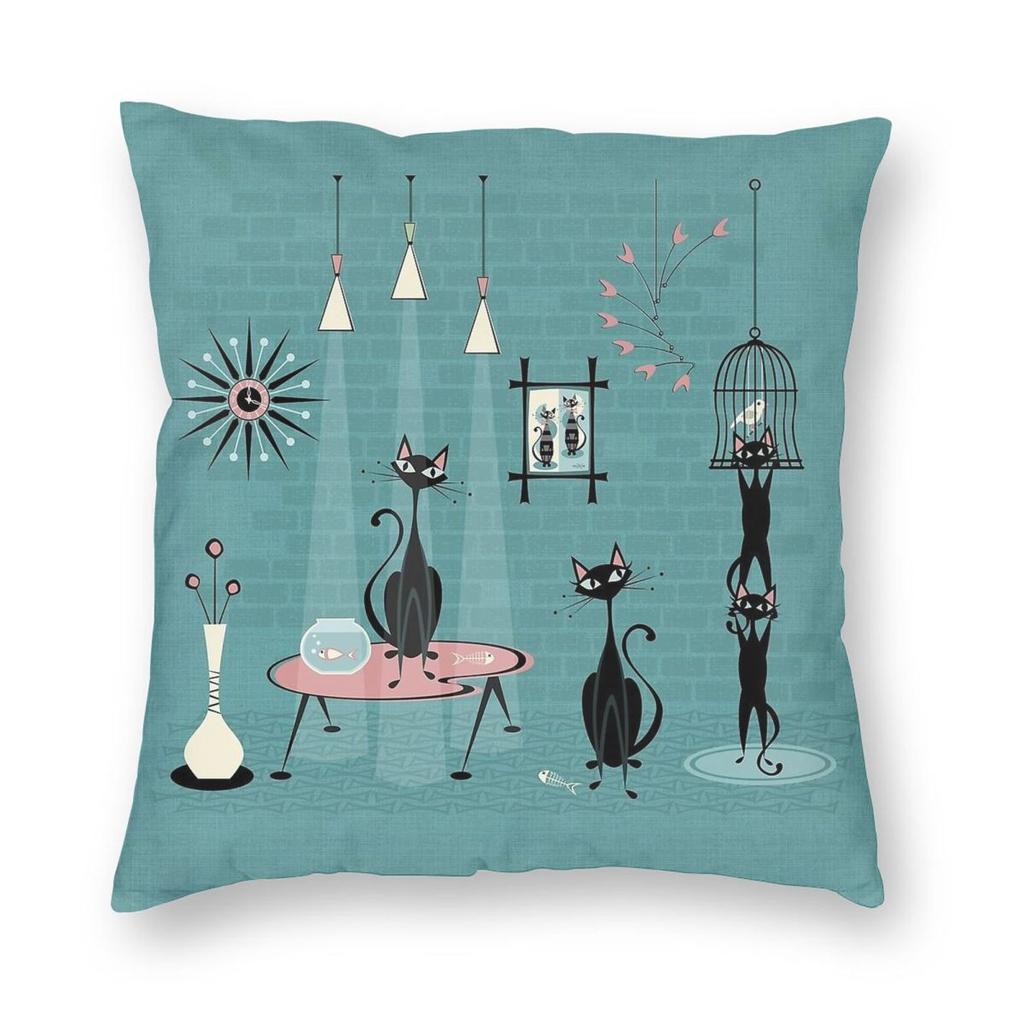 Mid Century Kitty Mischief Square Pillowcase Polyester Linen Velvet Pattern Decorative Throw Pillow Case Room Cushion Cover 18"