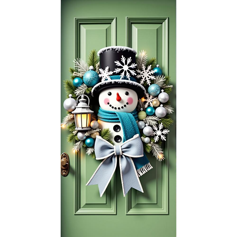 

Snowman Wreath Green Lining For Christmas Doors Xmas Outdoor Decoration Door Cover For Front Door Home Christmas Party Supplies
