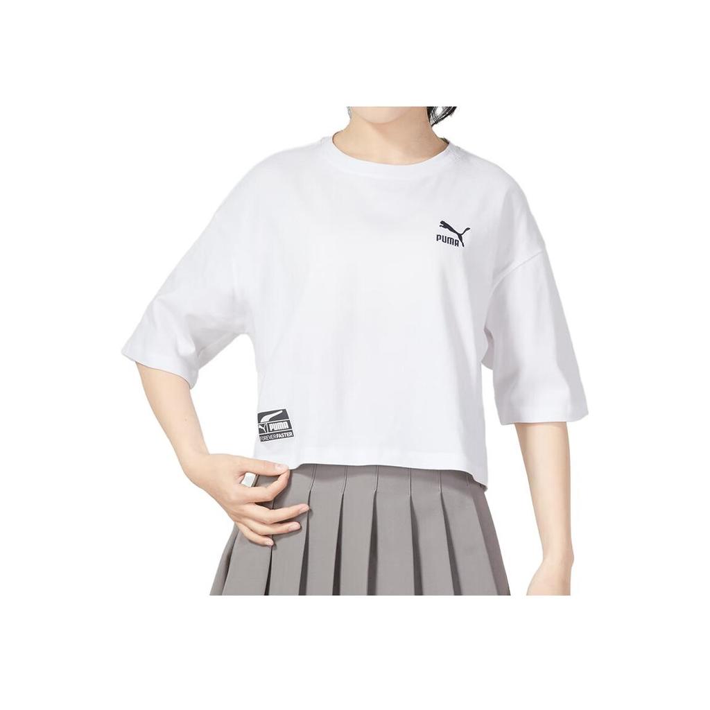 PUMA Letter Logo Print Round Neck Pullover Short Sleeve T-Shirt With Drop Shoulder Women Tops White 623253-02
