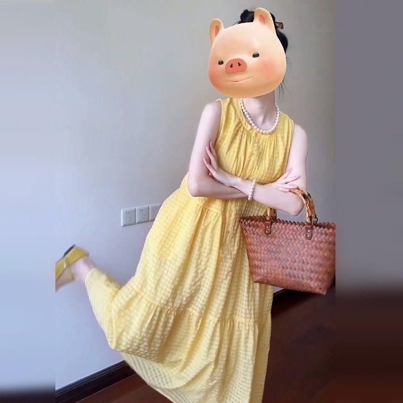 Temperament Yellow Thin a Word Sleeveless Vest Dress Long Dress Women's Summer Seaside Vacation Style Wear