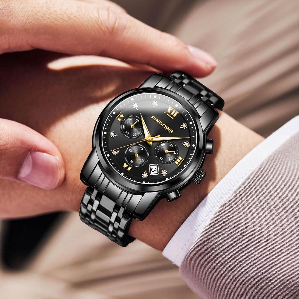 PINDOWS Men's Analog Quartz Watch with Day Date Display Stainless Steel Band Daily Water Resistance