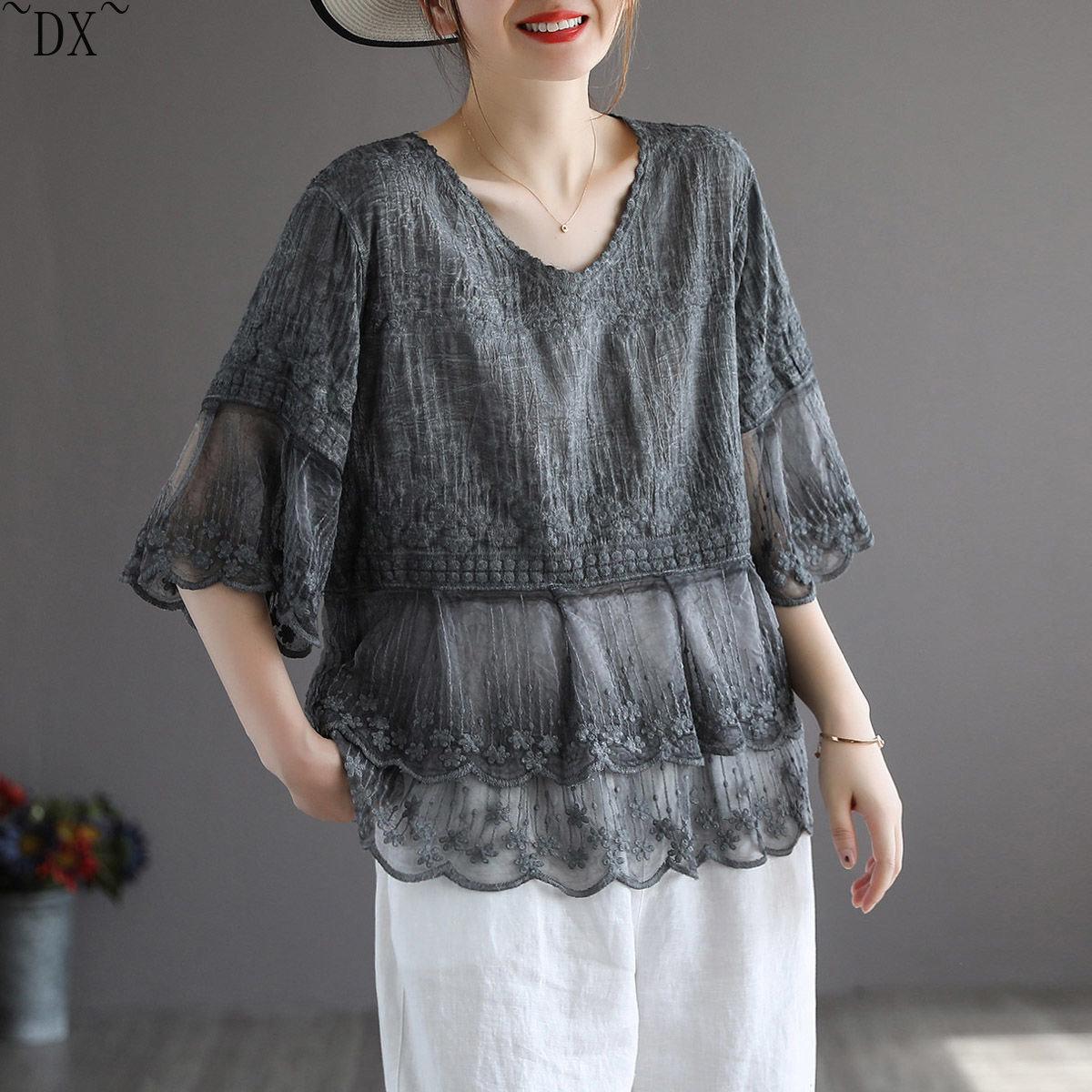 

DX~~~ Кружевная женская футболка из хлопка и льна с рукавами пятью точками;Новая летняя свободная тонкая блузка в стиле ретро с вышивкой One size серый