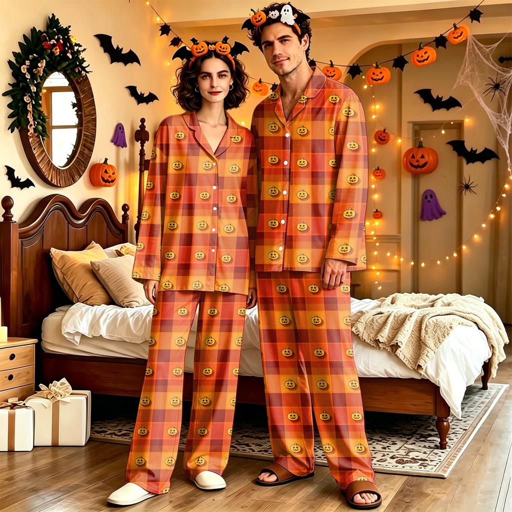 Adult Halloween Print Long Sleeve Pajama Set with Pants, Casual Loose Fit Loungewear