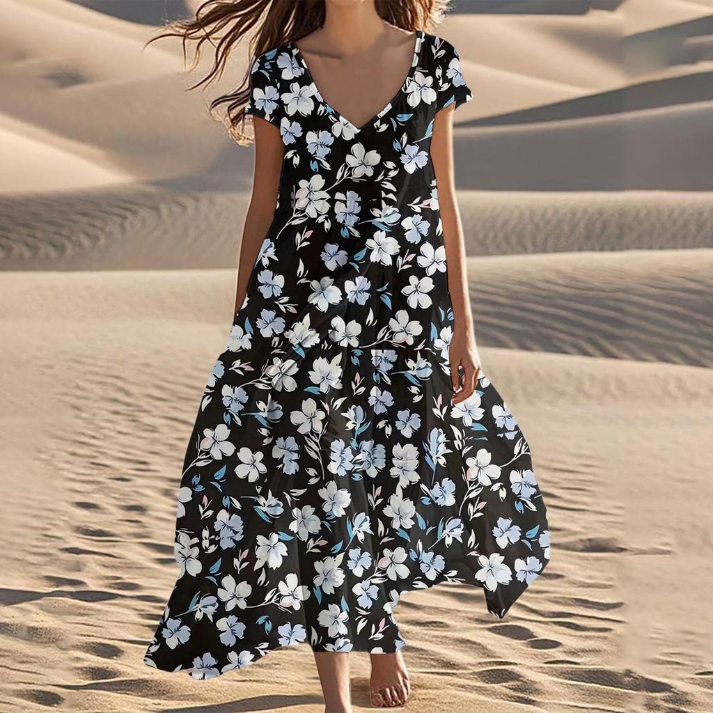 Women's Summer Fashion V-Neck Beach Long Short Sleeve Floral Printed Dresses