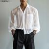 INCERUN Oversized Men Lapel Neck Drop Shoulder Long Sleeve See Through Mesh Shirts Tops