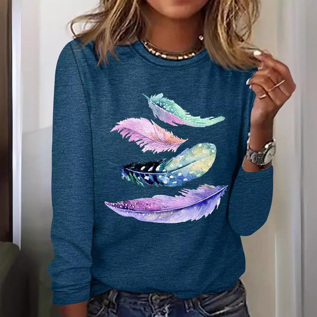 Autumn Feather Pattern Printed Long Sleeve Round Neck Top Women's T-shirts