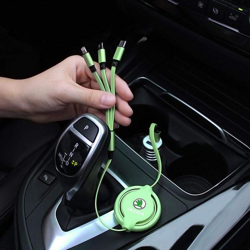 1Pcs Car Mounted Telescopic Three In One Mobile Phone Charger For Skoda Octavia Superb Rapid Kodiaq Karoq Fabia Kamiq Roomster Citigo