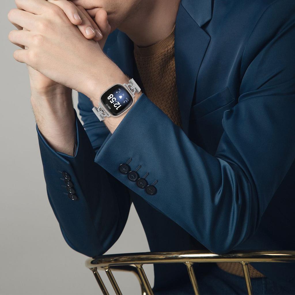 For Fitbit Versa 3/Sense Watch Band Silver Milanese Stainless Steel Strap D-Shape Rhinestones Decor