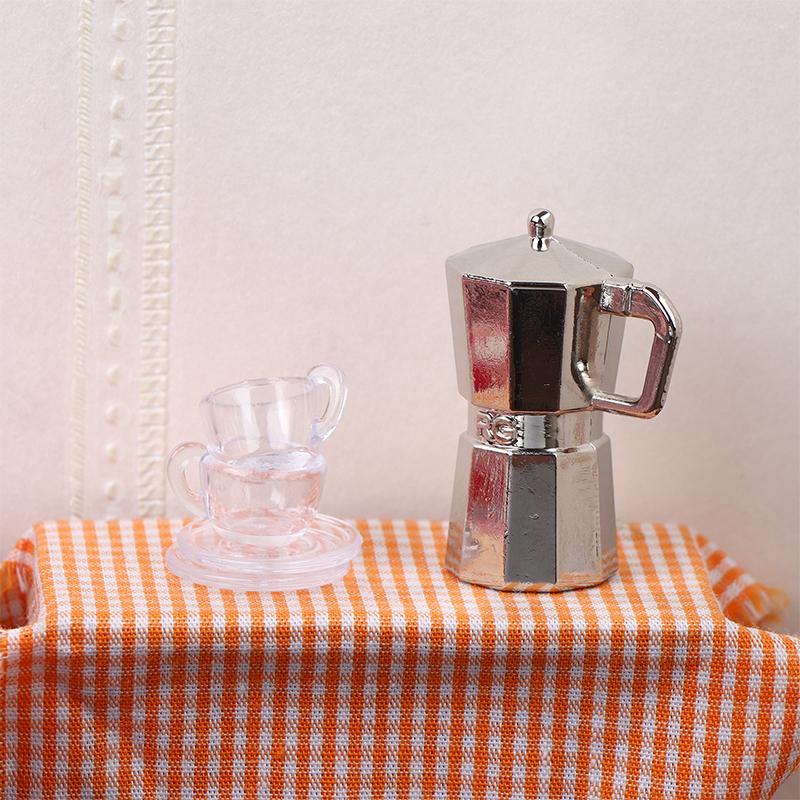 1Set 1:12 Dollhouse Miniature Coffee Pot Metal Kettle Moka Pot W/Cup Tray Kitchen Home Model Decor Toy Doll House Accessories