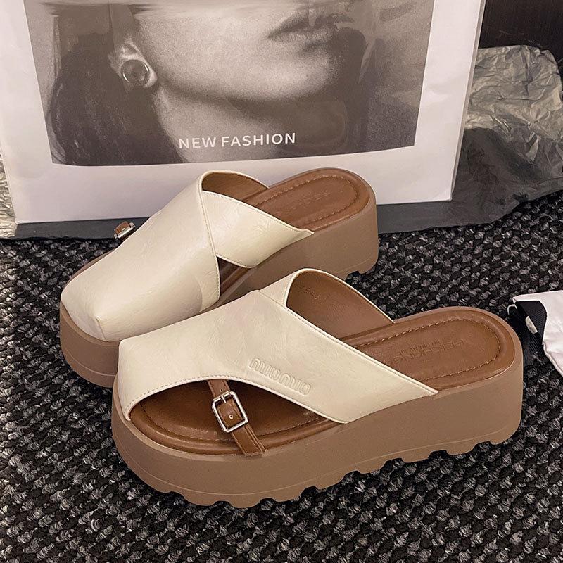 Retro bag head half slippers women's outer wear 2025 summer new muffin thick bottom heightening versatile lazy fashion cool slippers