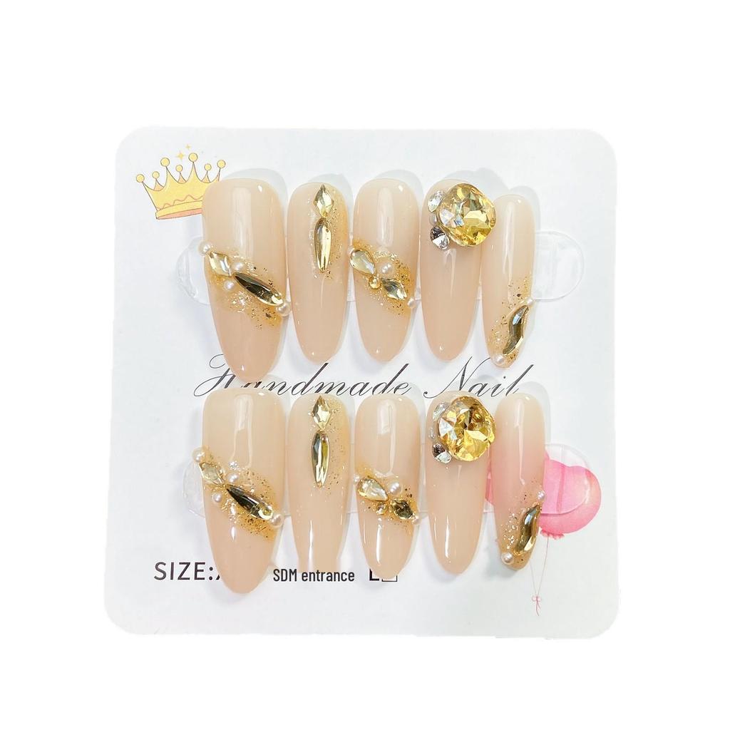 Luxurious French Gold & Diamond Press-On Nails: Elegant High-End Skin-Whitening Style, Trending Manicure Fashion