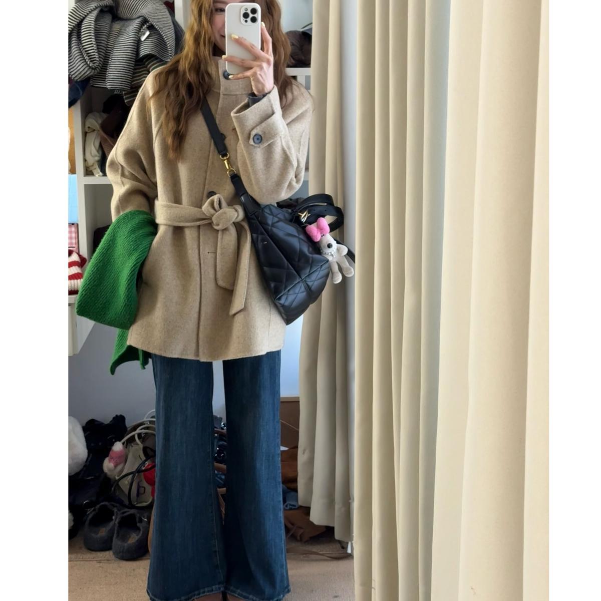 

Women s Herringbone Double-Faced Wool Stand Collar Coat, 2025 Winter Collection S