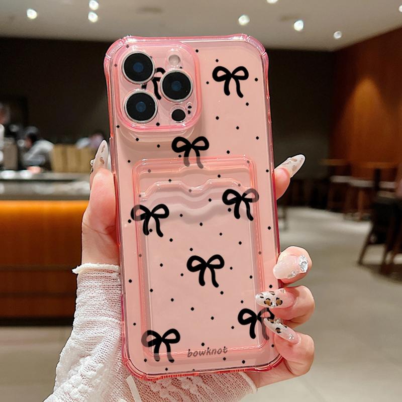 Colorful Bowknot Pattern Card Slot Phone Case for iPhone 16 Pro 15 14 13 12 Pro Max 11 Shockproof Transparent Soft Tpu Lens Protection Slim Cover