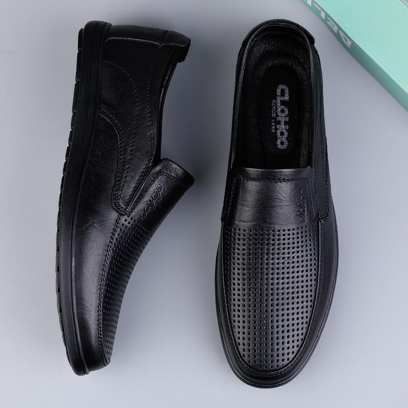 Men's Leather Casual Shoes Breathable Hollow Slip on Lazy Driving Shoes Office Fashion Shoes