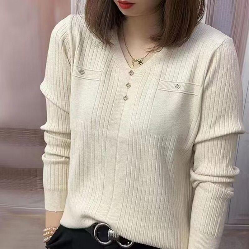 

Жіночий осінній модний в язаний светр з довгим рукавом у корейському стилі - Приталена блуза вільного крою M (Suggested 95-105 lbs)