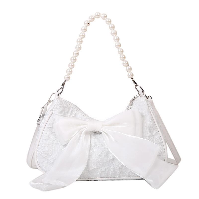 2024 New Fashion Small Shoulder Bag Women Stylish Crossbody Bag With Cute Pleats And Lovely Bow Pearl Handbag In White