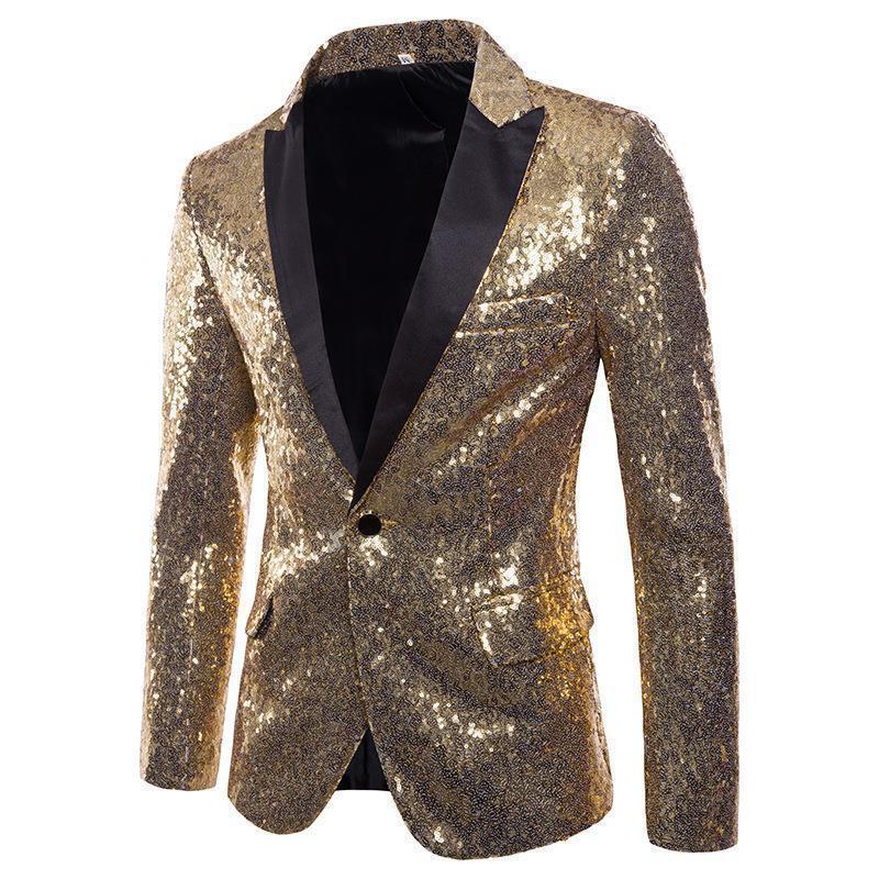 Gold Sequin Performance Suit for Men - 2024 European & American Style, Large Size, Perfect for Nightclub, Host, or Emcee Events