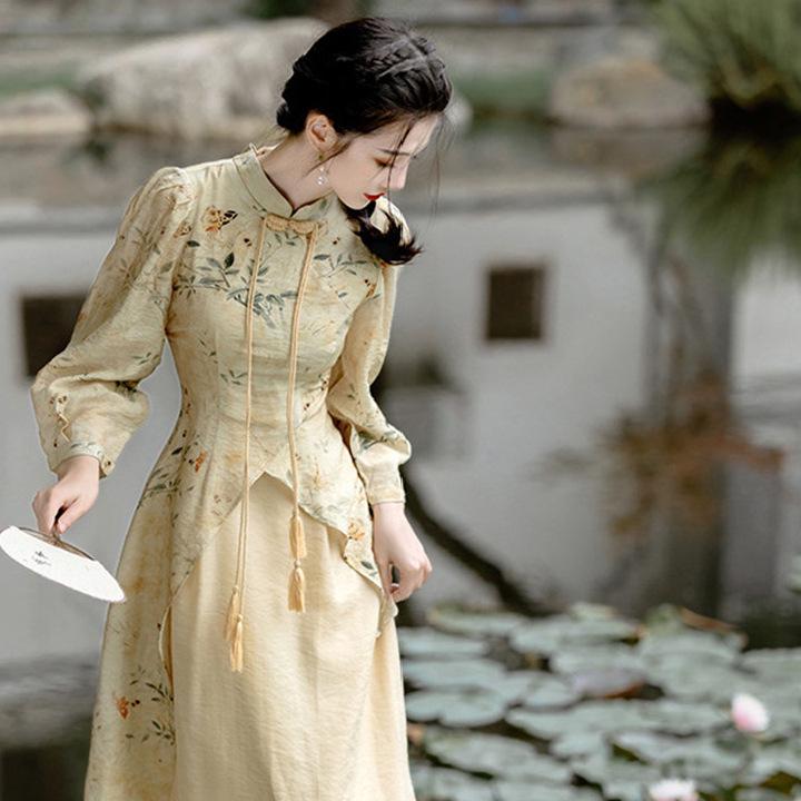 Women's Retro Chinese Buttoned Cheongsam Dress - Spring/Autumn Long Skirt