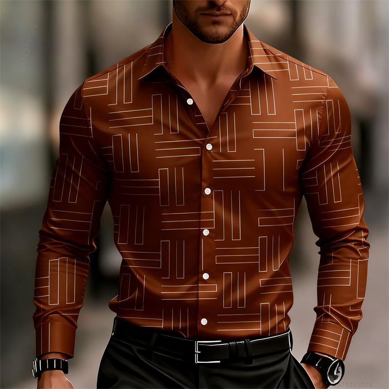 Men's Casual Long-Sleeve Slim Fit Black Geometric Pattern Breathable Versatile Formal Shirt Fashion Outdoor Men's Top