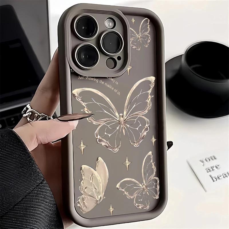Gold Butterfly Silicone Phone Case For iPhone 16 15 14 Pro Max Cases iPhone 13 12 11 Pro Max Mini XS XR X 7 8 Plus Cover_
