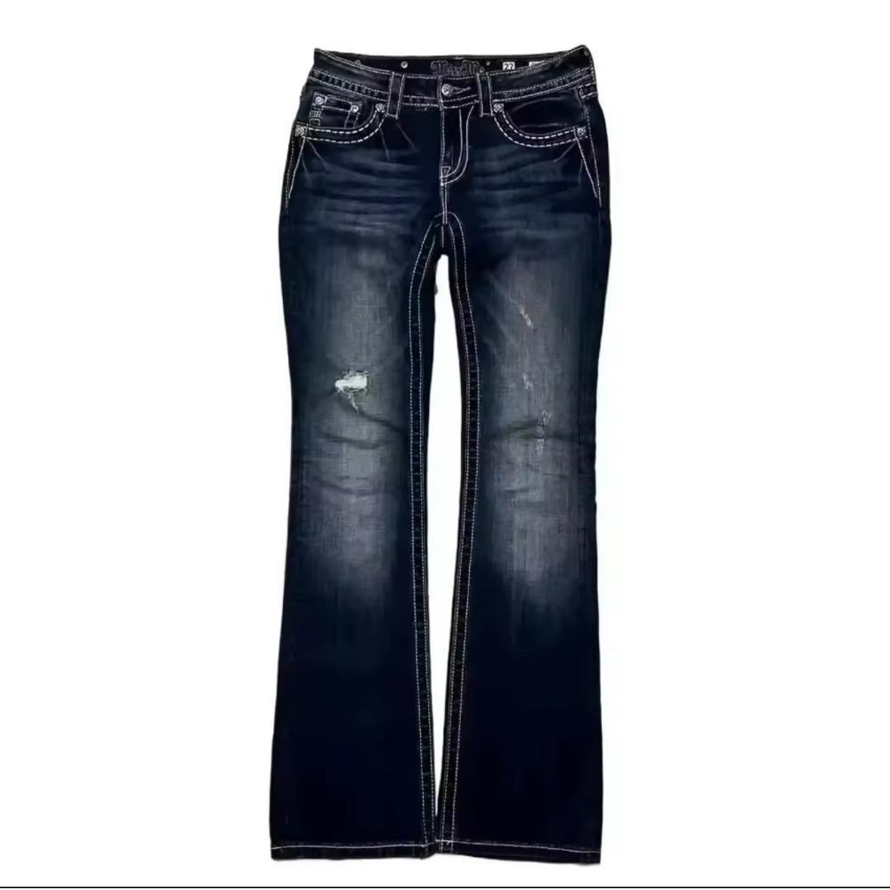 RogueWave Calça Jeans Flare Slim Retrô Americana Feminina Y2k Harajuku Gótico Vintage Bolso Bordado Azul Jeans Calça de Cintura Baixa Perna Larga