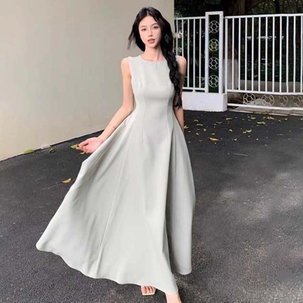 Temperament Sleeveless Long Dress U Neck Women Korean Dress Solid Color Long Skirt Party