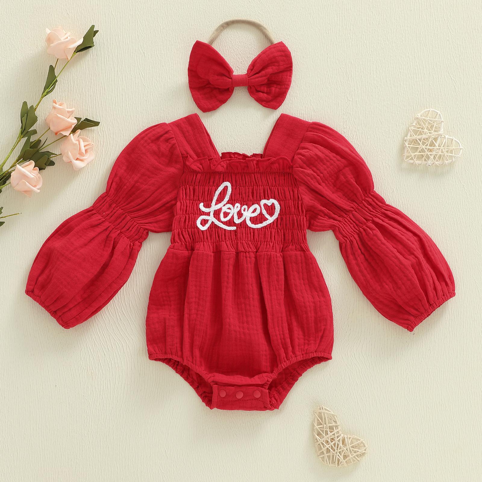 

Newborn Baby Girl Valentines Day Romper Square Neck Letter Embroidery Bubble Jumpsuit with Bow Headband newborn