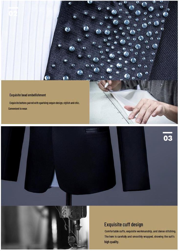 Men's Single-Breasted Rhinestone Suit Set for Banquet and Performance