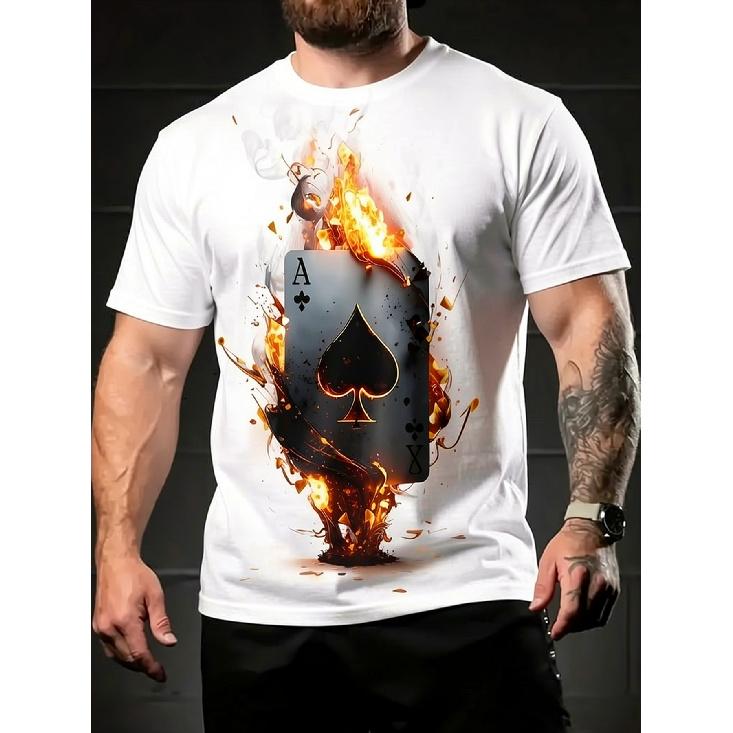 Men's Short Sleeve T-shirt with Fiery Ace of Spades Graphic, Crew Neck, Relaxed Fit, Soft Cotton Feel, Bold Poker Card Design for Casual Wear or
