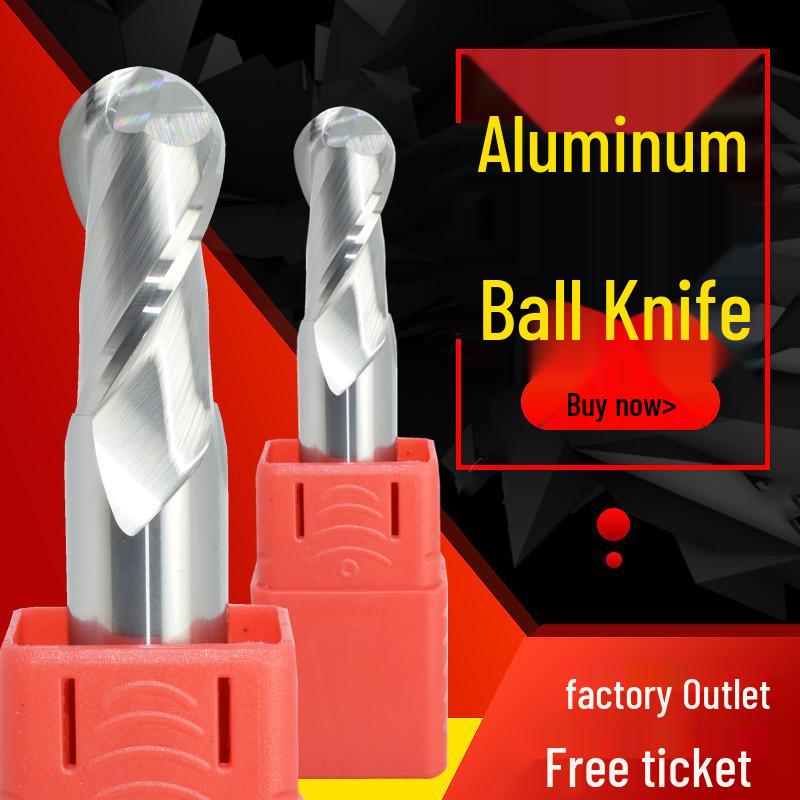 Tungsten Steel Ball Nose Cutter for Aluminum, 55° 2-Flute Ball End Mill, R1 Extended Alloy Cutter