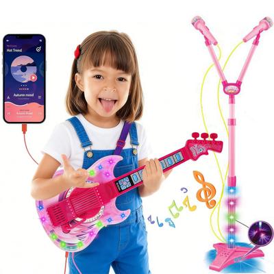 Çocuk Gitar Mikrofon Oyun Seti Kızlar Pembe Gitar Karaoke Makinesi LED Işıklı Müzik Yeni Yürüyen Çocuklar Eğitici Şarkı Söyleme Mikrofonu Müzik Aleti Oyuncak