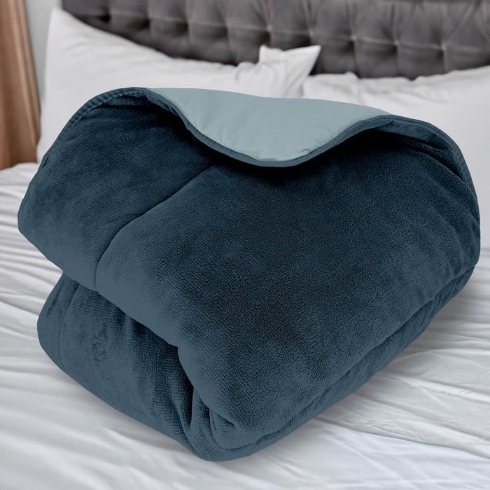 Microfiber Fleece Lined Duvet 240x260 Cm TWO-TONE Sky Blue and Navy, by Soleil D'ocre