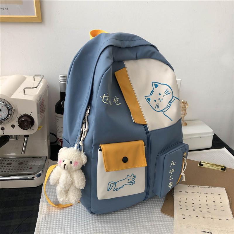 Hundreds of Simple Junior High School Students Schoolbag Large Capacity Primary School Students Schoolbag Cute Cat Pattern