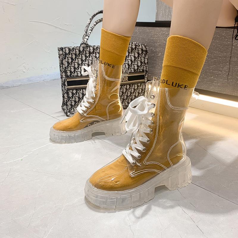 Fashion Women's transparent boots with round toe, thick sole, front lace-up, mid-calf, large size, with jelly socks